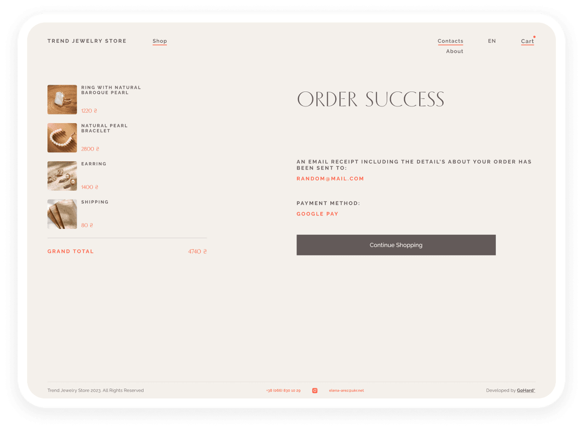 Trend Jewelry Store e-commerce feature showcasing Order Success functionality