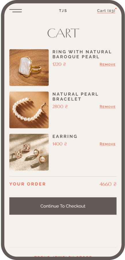 Trend Jewelry Store e-commerce feature showcasing mobile shopping cart functionality